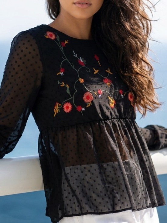 Tops - Black Swiss dot floral embroidered mesh blouse